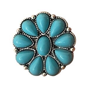Faux Turquoise Cluster Ring Silver Tone Southwestern Flower Sunburst Sz 6.25
